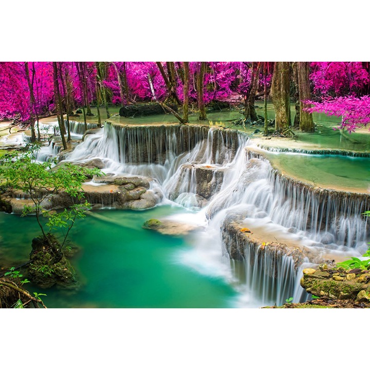 Самозалепващ се тапет за стена Зелен водопад с розови дървета, 400 x 250 см