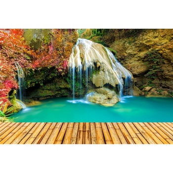 Fototapet de perete autoadeziv si lavabil Cascada cu ponton, 220 x 135 cm Fototapet de perete autoadeziv si lavabil Cascada cu ponton, 220 x 135 cm