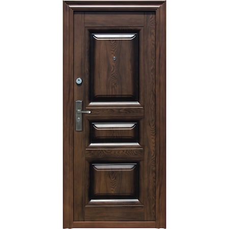 Usa metalica de exterior cu izolatie si vizor Novo Doors Y7001 ,deschidere dreapta, 2 yale, dimensiune 200X86 centimetri,tabla 0,7 mm, balamale si clanta incluse, toc de 7 centimetri, pentru casa si apartament, Maron