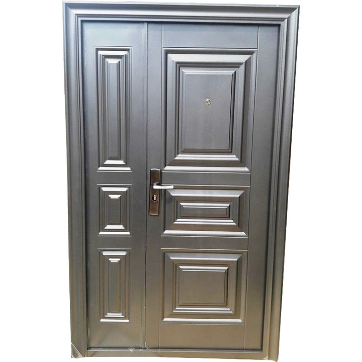 Dupla külső fém ajtó szigeteléssel és napellenzővel Novo Doors Y5001, jobbra nyíló, 1 yala, 200X120 centiméteres lap 0,7 mm, zsanérok és kilincs mellékelve, 7 centiméteres keret, házakhoz, kalapált barna ezüst patinával