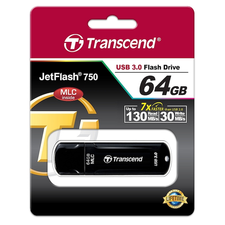 USB памет Transcend JetFlash 750, черен, 64GB, USB 3.0