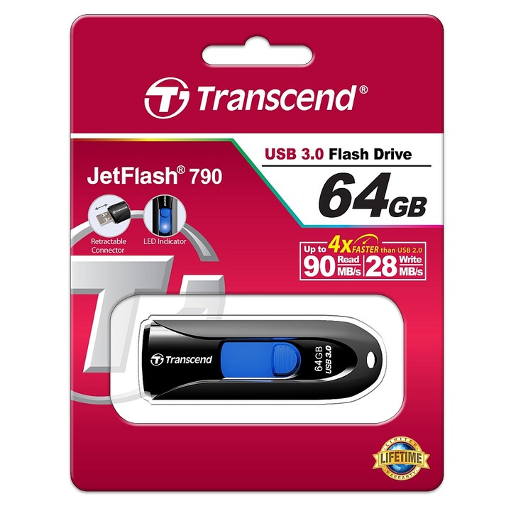 USB памет Transcend JetFlash 790, Черен/син, 64GB, USB 3.0