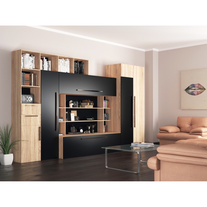 Living Pandora cu Polite, Sonoma/Negru Mat L 324.4 x A 52.7 x H 207.8 cm