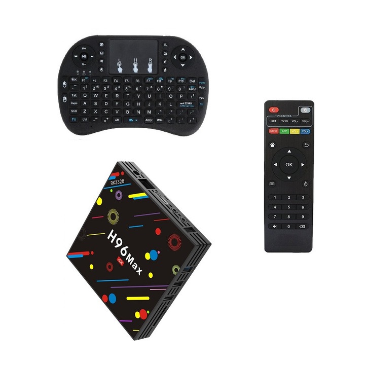 Мултимедиен плеър Mini PC TV Box, H96 Max H2, 4K, Quad-Core, 4 GB RAM, 32 GB, WiFi dual band 2.4/5 GHz, Bluetooth, USB 3, HDMI, Android 7.1, 7-цветна мини безжична клавиатура с подсветка, Приложения за телевизия, Popcorn Time