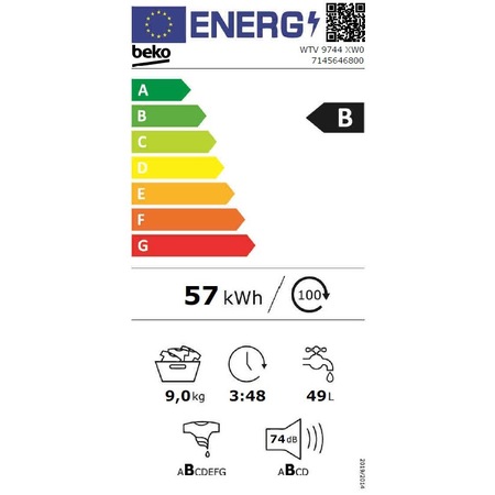 Masina de spalat rufe Beko WTV9744XW0, Premium Line, 9 kg, 1400 RPM, Motor ProSmart Inverter, Clasa B, 60 cm, Alb