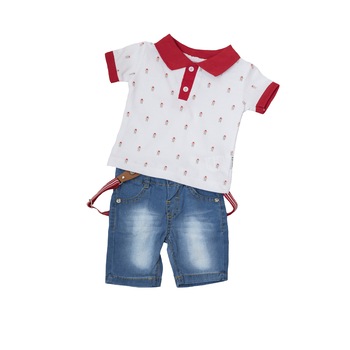 Set baieti 2 piese, blugi cu bretele si tricou polo, Estella, alb/rosu, Alb/Rosu Set baieti 2 piese, blugi cu bretele si tricou polo, Estella, alb/rosu, Alb/Rosu