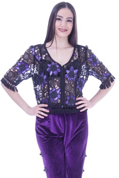 Bluza neagra dantela si piele pictata manual Liza Panait I-47E Bluza neagra dantela si piele pictata manual Liza Panait I-47E