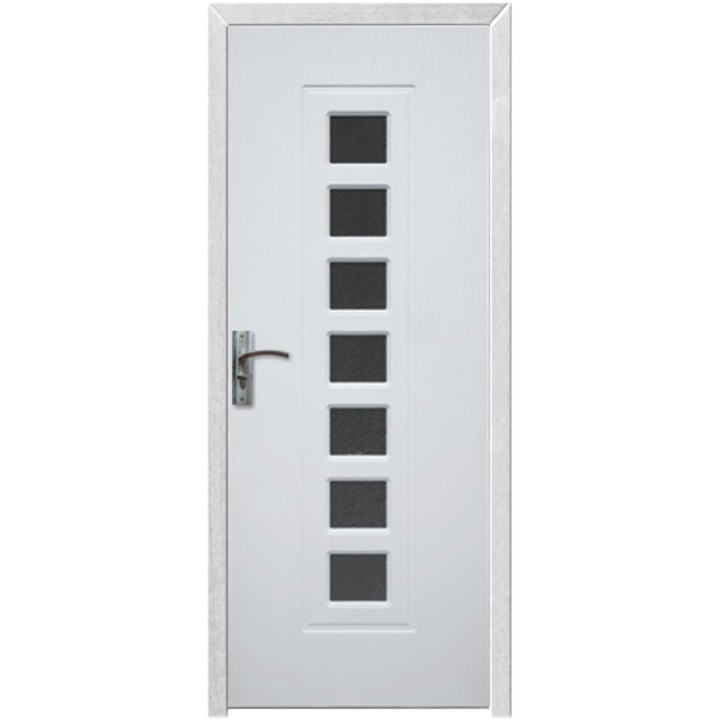 Usa interior din MDF cu toc inclus Novo Doors ND236A, dimensiune 200X80 centimetri, geam sablat, cadru din lemn masiv din rasinoase, balamale si clanta incluse, toc reglabil de 10 centimetri, plinta pe o singura parte, Alb