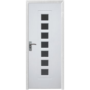 Usa interior din MDF cu toc inclus Novo Doors Y236A , dimensiune 200X80 centimetri, geam sablat, cadru din lemn masiv din rasinoase, balamale si clanta incluse, toc reglabil de 10 centimetri, plinta pe o singura parte, Alb Usa interior din MDF cu toc inclus Novo Doors Y236A , dimensiune 200X80 centimetri, geam sablat, cadru din lemn masiv din rasinoase, balamale si clanta incluse, toc reglabil de 10 centimetri, plinta pe o singura parte, Alb