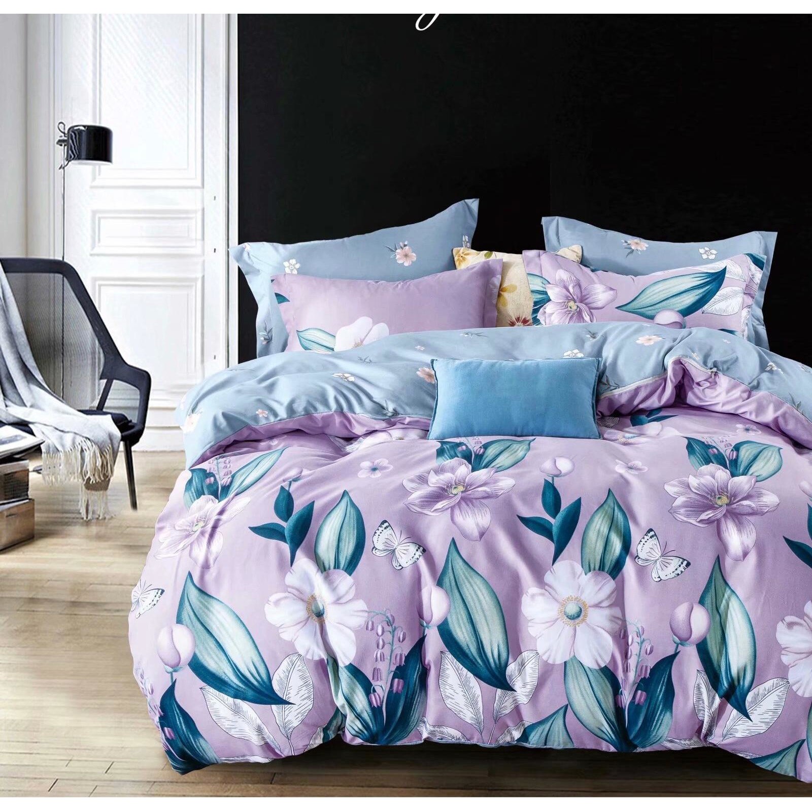 Set pentru pat din finet gros, 6 piese, JOJO HOME cu Imprimeu Flori si Fluturi