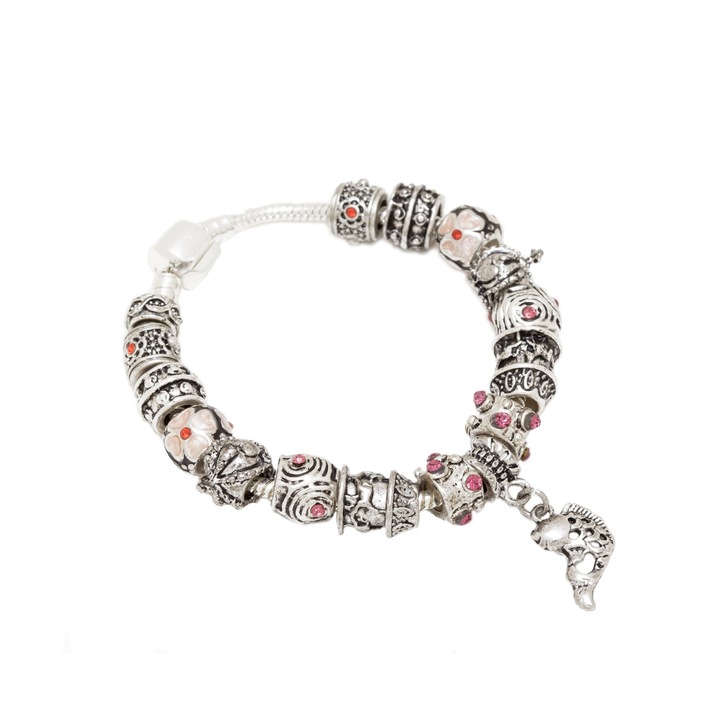 Bratara de margele metalice si charmuri, model Kleo, argintie, pentru Ea