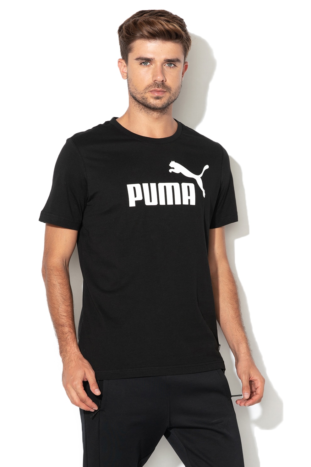 Puma, Tricou cu decolteu la baza gatului si imprimeu logo Essentials, Negru/Alb