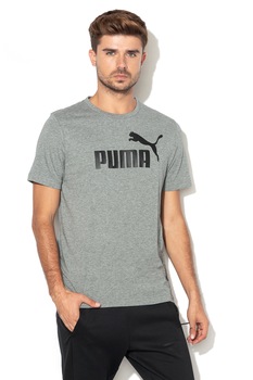 Puma, Tricou cu decolteu la baza gatului si imprimeu logo Essentials, Gri inchis melange/Negru