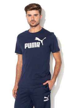 Puma, Tricou cu decolteu la baza gatului si imprimeu logo Essentials, Albastru indigo/Alb