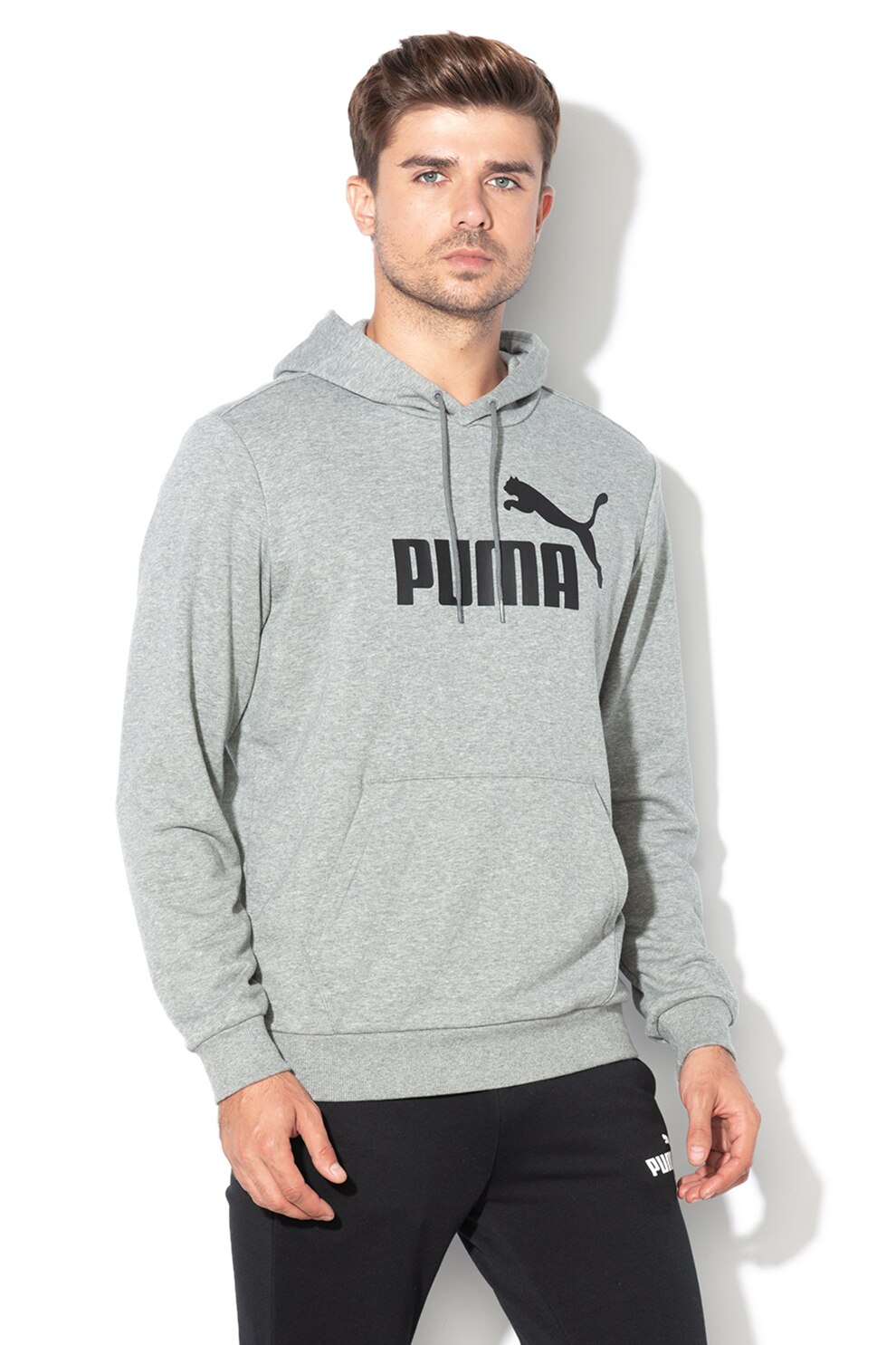 Puma, Hanorac regular fit cu imprimeu logo ESS, Gri melange/Negru