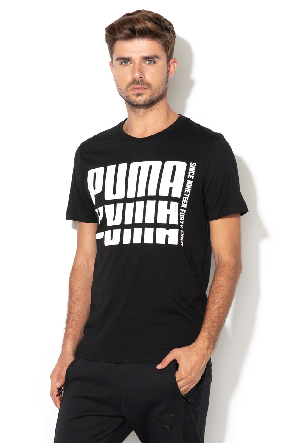 Puma, Tricou regular fit cu imprimeu logo Rebel 3, Negru/Alb