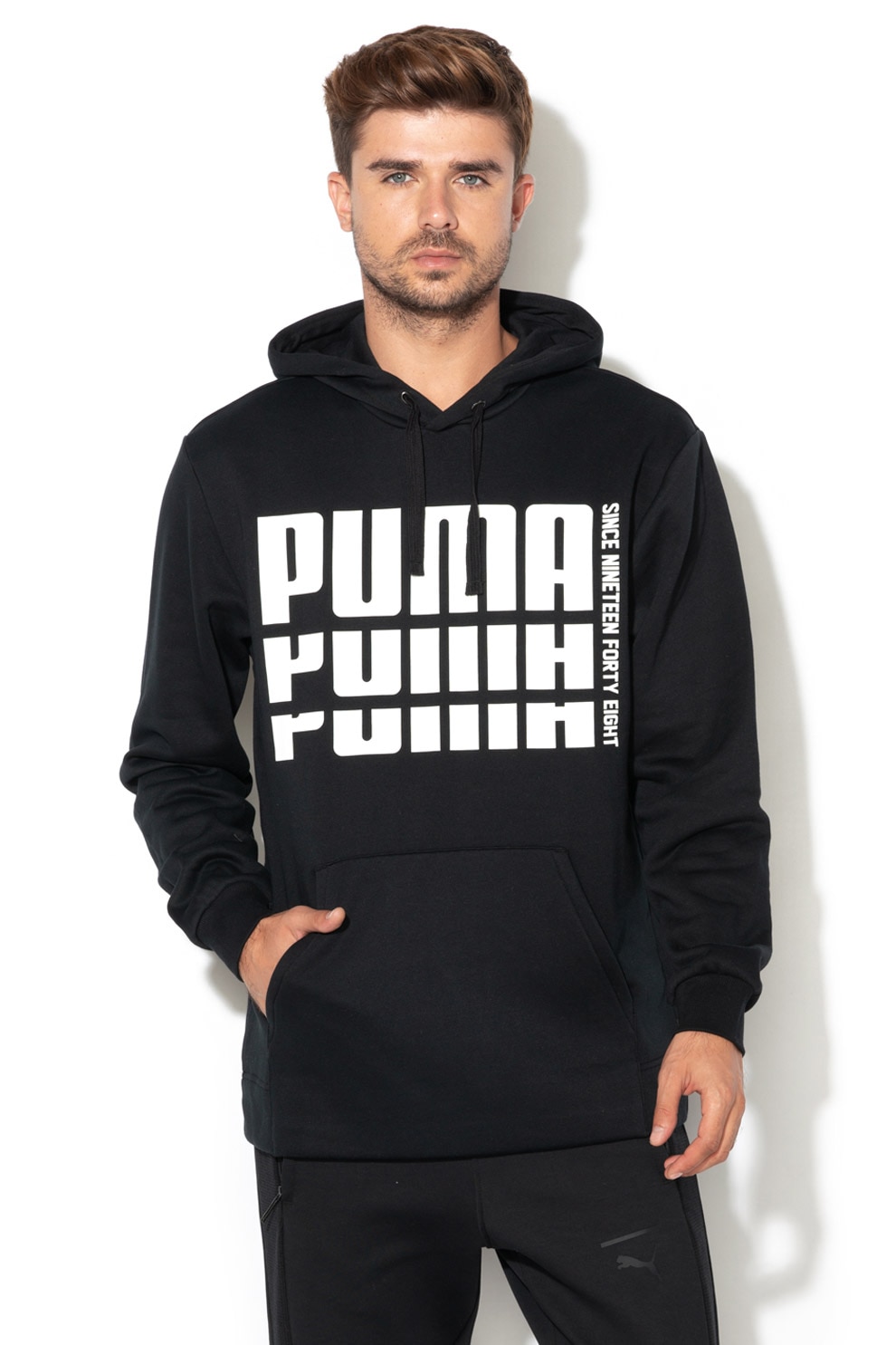Puma, Hanorac relaxed fit cu model Rebel Bold, Negru/Alb