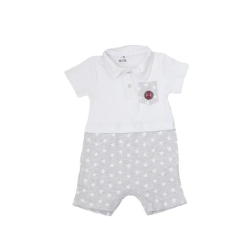 Salopeta pentru baieti de vara, imprimeu cu stelute, bumbac, Alb/Gri deschis Salopeta pentru baieti de vara, imprimeu cu stelute, bumbac, Alb/Gri deschis