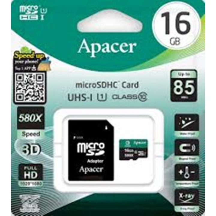Карта памет 16 GB Apacer AP16GMCSH10U5-R MicroSDHC + Adapter,3D Full HD 1920*1080