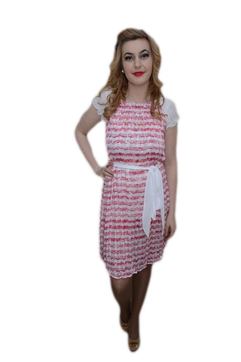 Rochie casual cu decolteu mic, cu design de dungi, D&J Exclusive, Alb/Roz