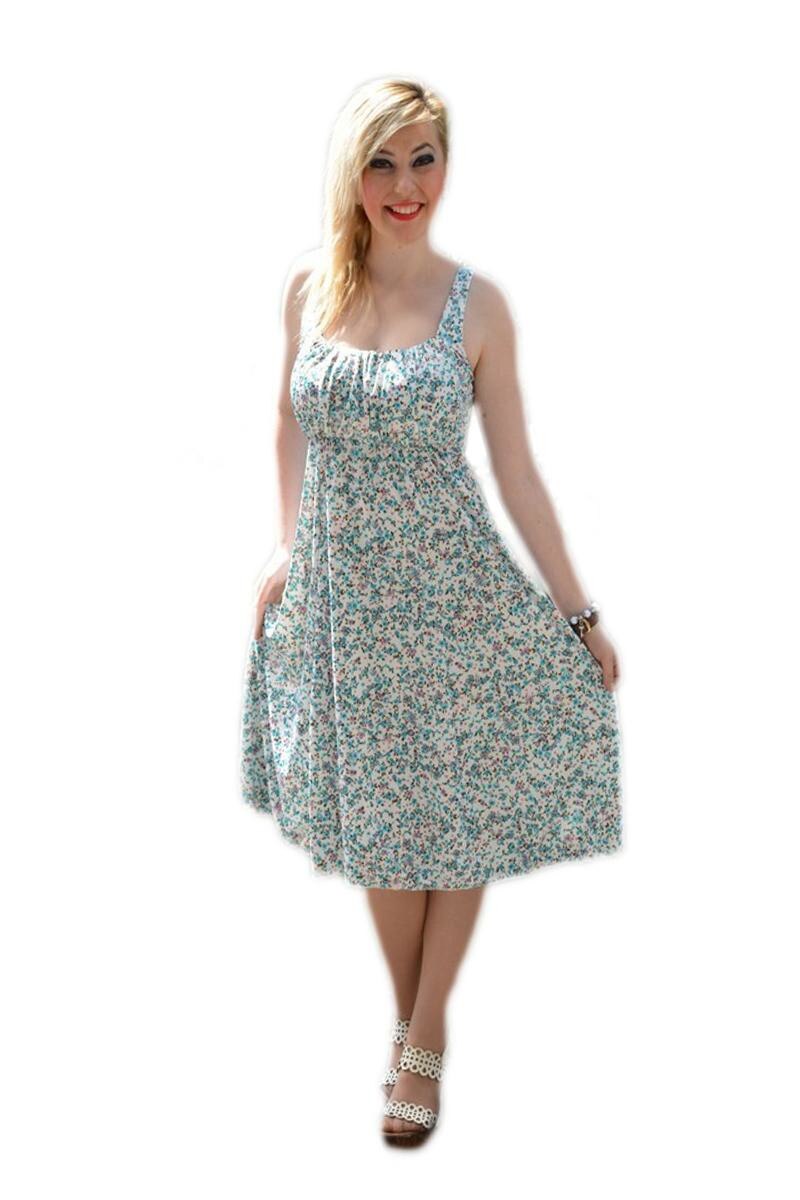 Rochie clasica de zi cu bretele, D&J Exclusive, Alb/Albastru