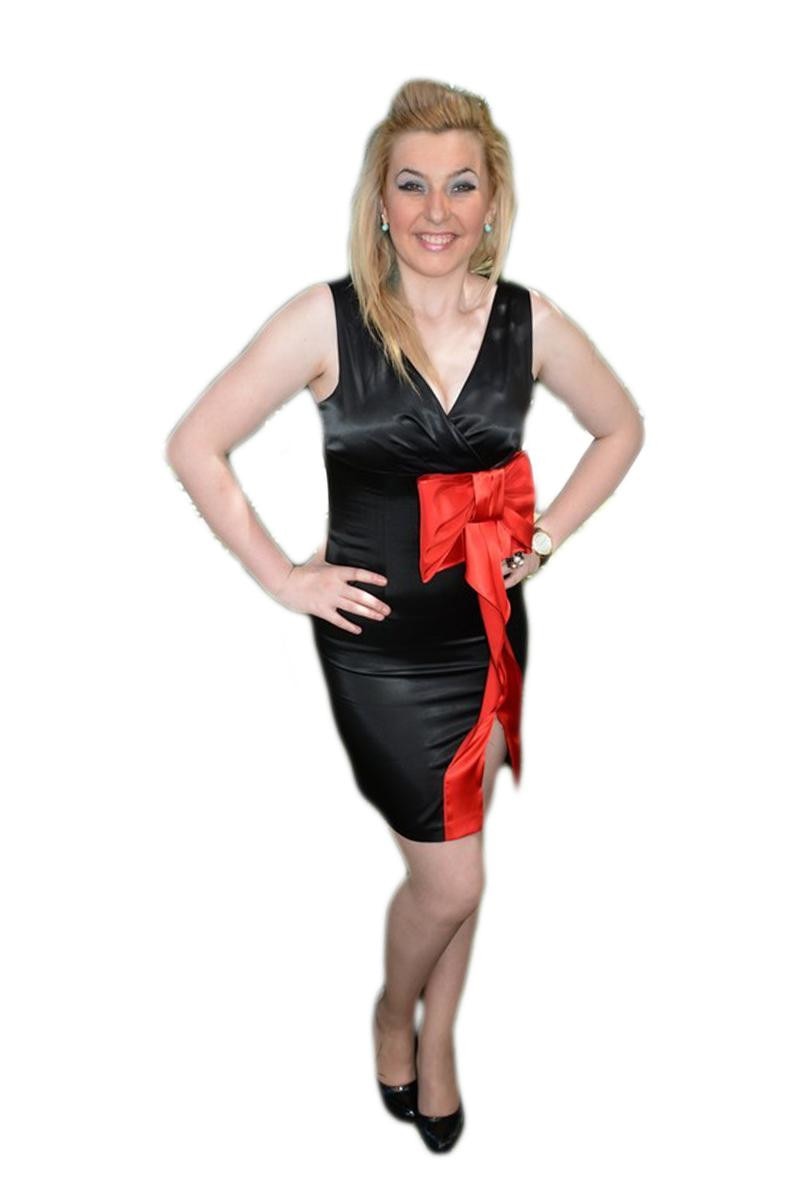 Rochie de gala scurta, din saten cu funda conturata, D&J Exclusive, Negru/Rosu