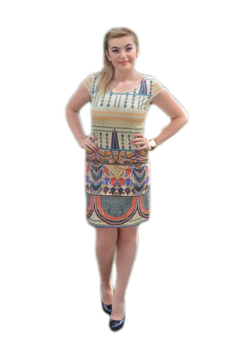 Rochie de vara cu maneci scurte si imprimeu abstract, D&J Exclusive, Multicolor