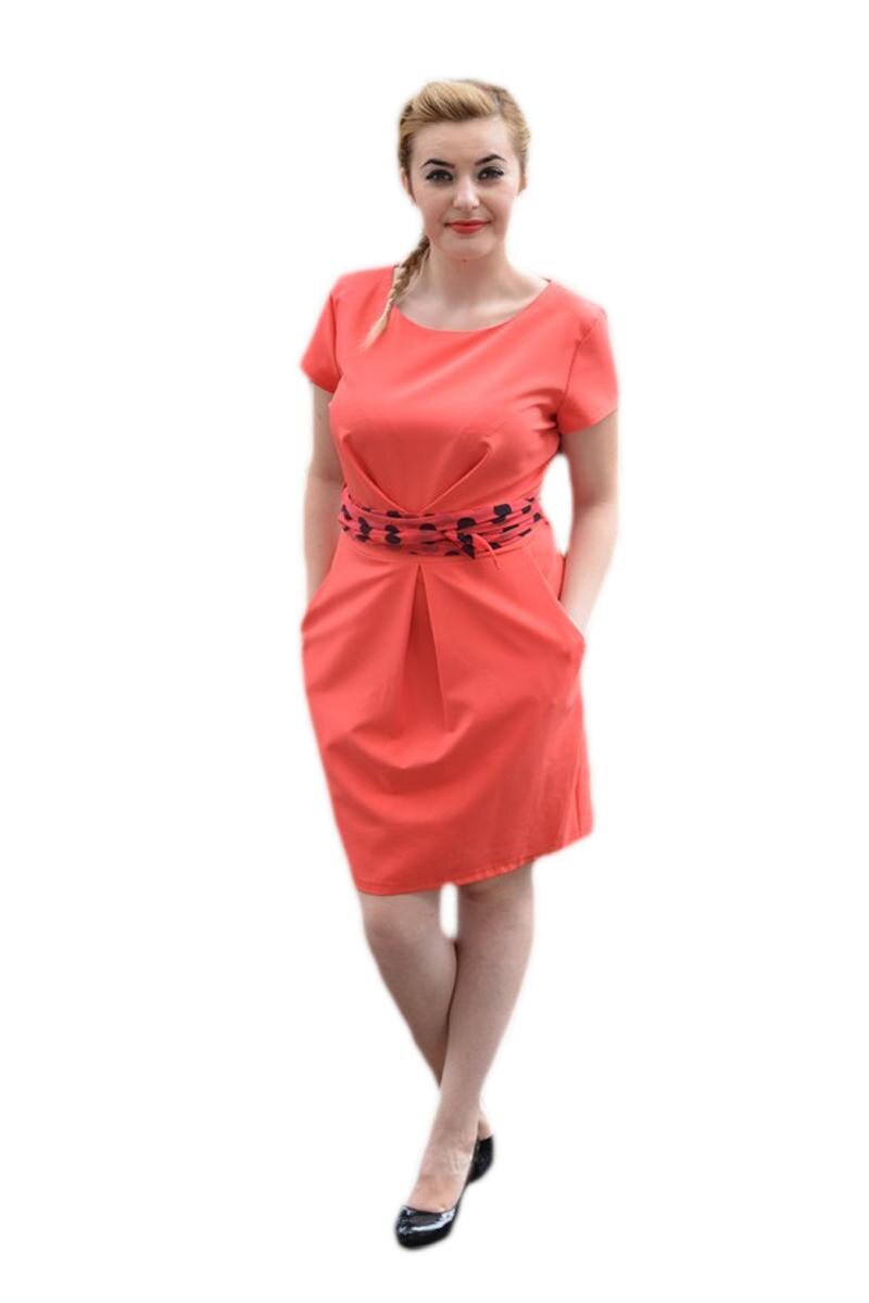 Rochie de zi cu o centura in talie , D&J Exclusive, Corai