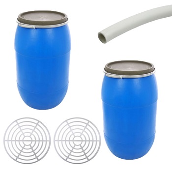 Pachet - 2 x Butoi din plastic alimentar cu capac si cerc metalic, 85L + 2 x Presa rotunda pentru butoi, 45cm + Teava pentru suflat/pitrocit Pachet - 2 x Butoi din plastic alimentar cu capac si cerc metalic, 85L + 2 x Presa rotunda pentru butoi, 45cm + Teava pentru suflat/pitrocit