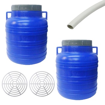 Pachet 2 bucati - Butoi 20L rotund din plastic alimentar, Bidon cu capac prin infiletare si manere + 2 x Presa rotunda pentru butoi 28cm + Teava pentru suflat / pitrocit Pachet 2 bucati - Butoi 20L rotund din plastic alimentar, Bidon cu capac prin infiletare si manere + 2 x Presa rotunda pentru butoi 28cm + Teava pentru suflat / pitrocit