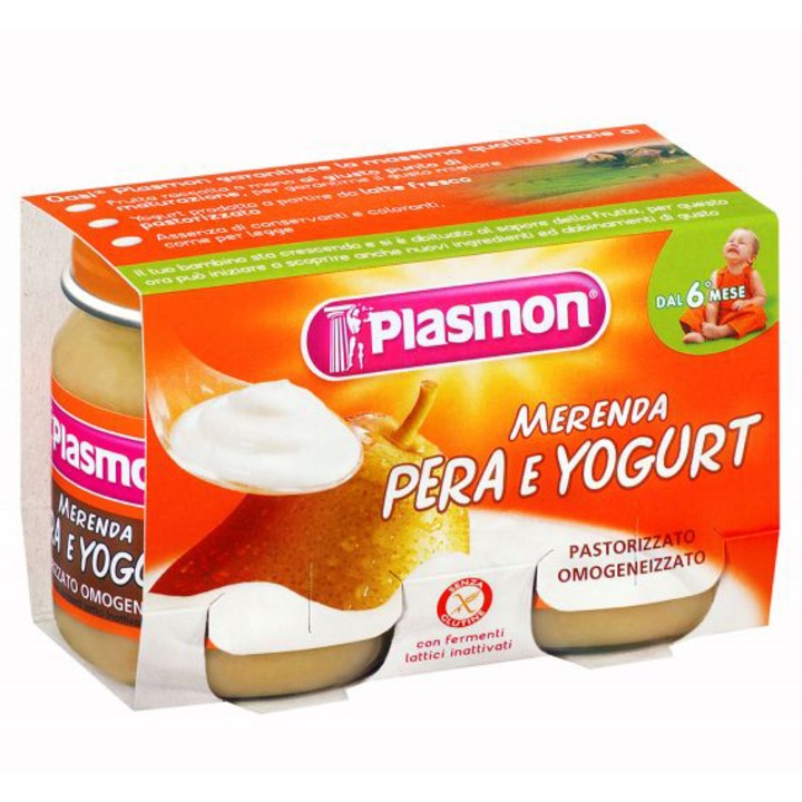 Gustare Plasmon, Iaurt cu Pere, fara gluten, 2x120 g, de la 6 luni