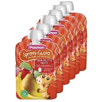 Piure Plasmon din mix pulpa de fructe naturale 100% , fara gluten,6 x 100 g, 6 luni Piure Plasmon din mix pulpa de fructe naturale 100% , fara gluten,6 x 100 g, 6 luni