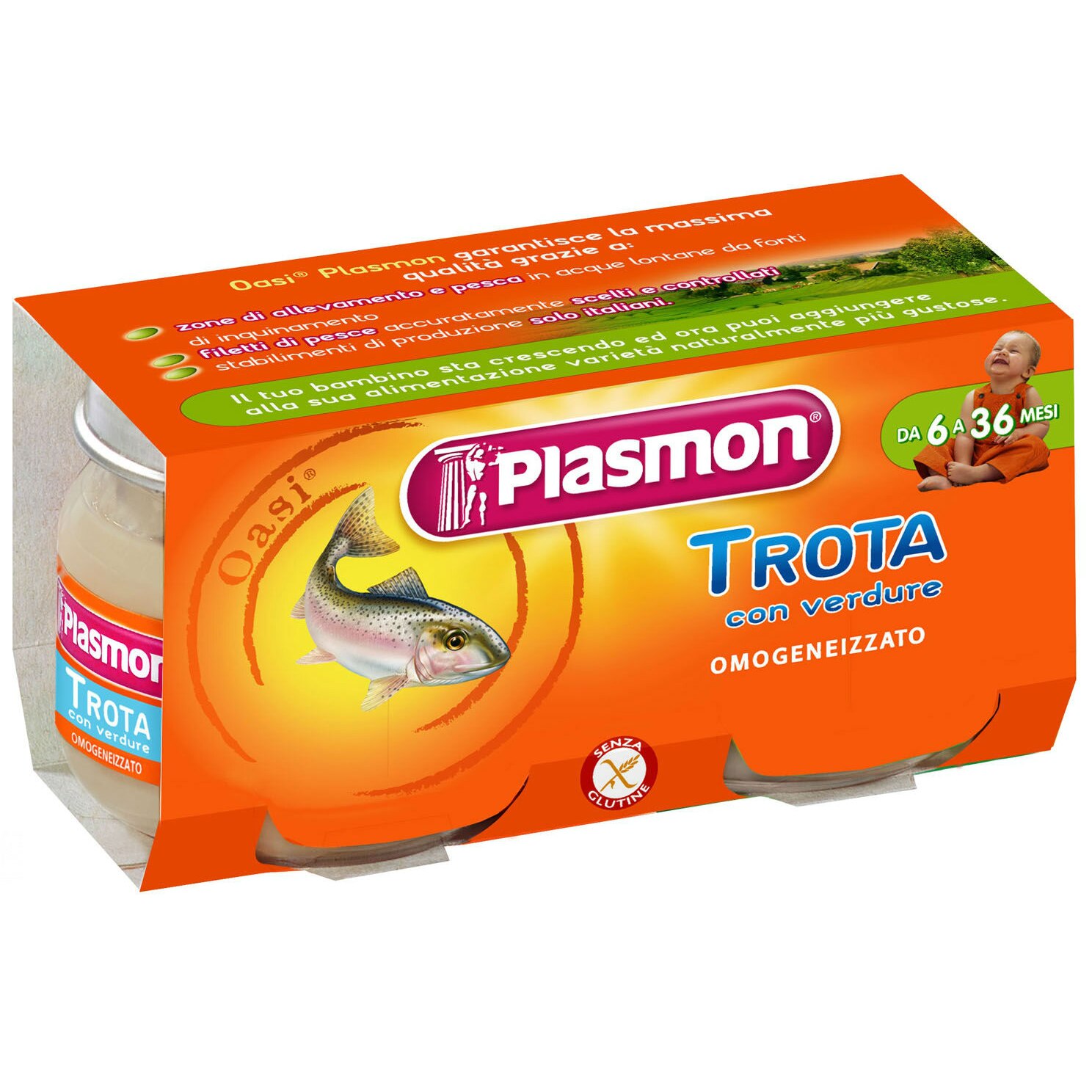Piure Plasmon, Pastrav cu verdeturi, fara gluten, 2x80 g, de la 6 luni