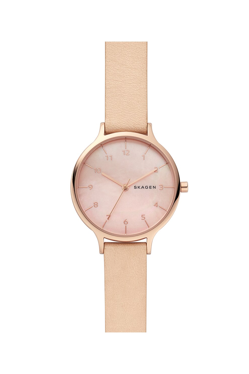 Skagen, Ceas cu cadran MOP si curea de piele Anita, Auriu rose