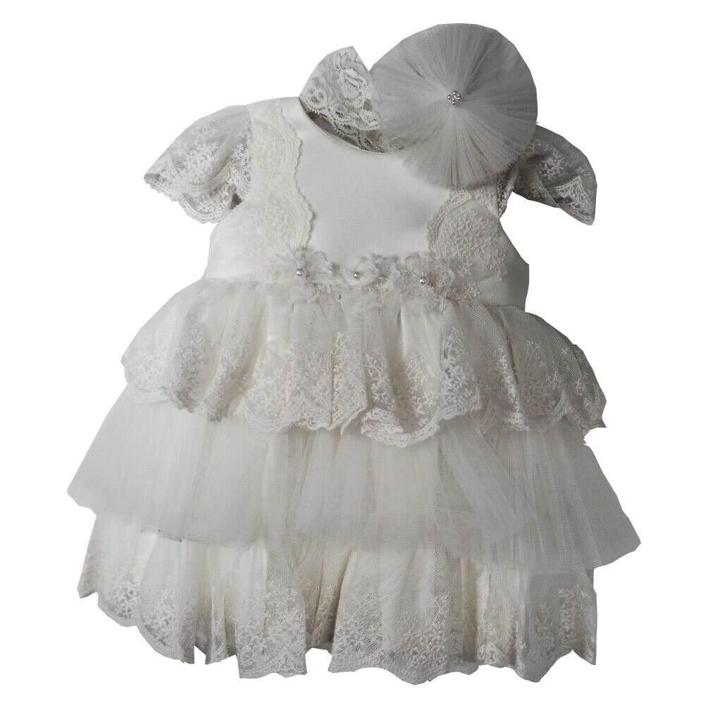 Rochie botez Ivoire cu bentita asortata , 0- 3 luni