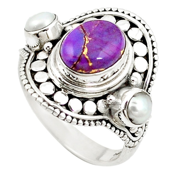 Inel bijuterie din argint 925 cu turcoaz violet si perlute handmade