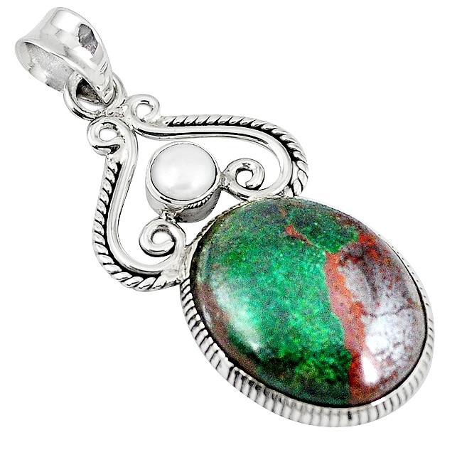 Pandantiv bijuterie din argint 925 cu chrysocolla si perluta handmade