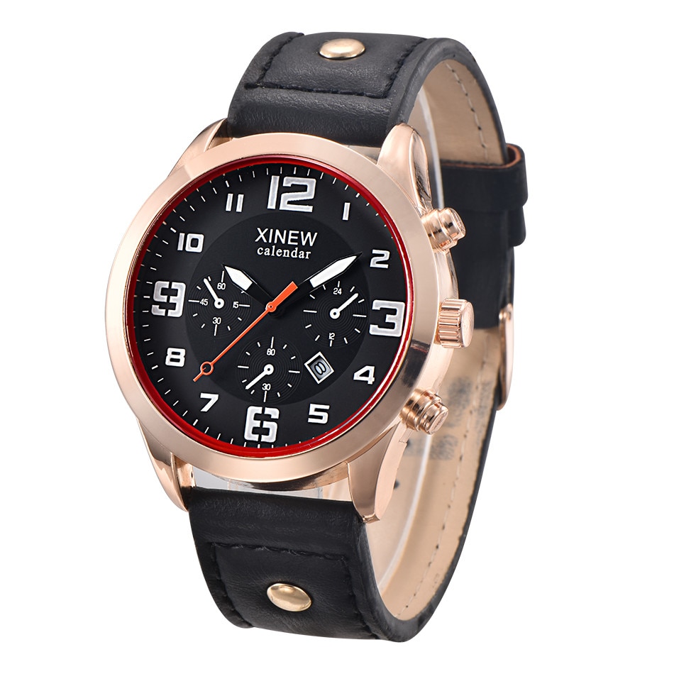 Ceas barbatesc Xinew Calendar, CS620, stil casual, curea piele neagra