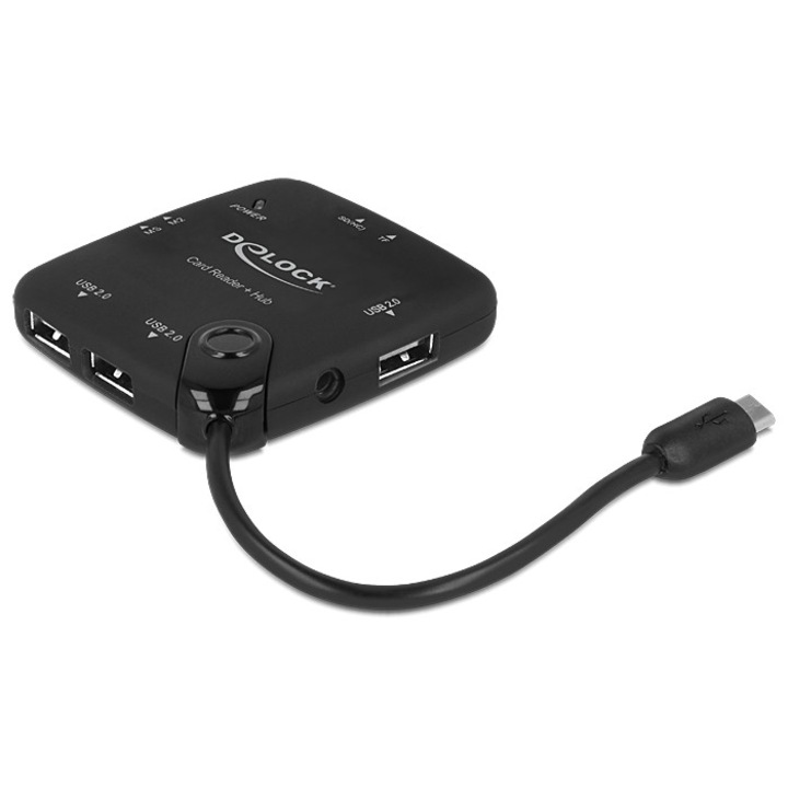 Hub cititor de carduri, DeLock, Micro USB OTG +, 3 porturi, Negru