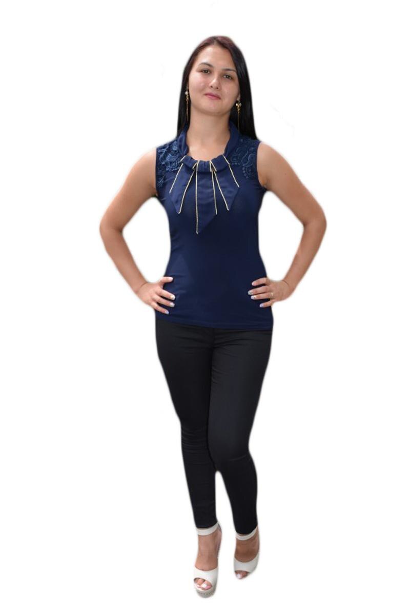 Bluza casual, insertii de dantela, pudra, D&J Exclusive, Albastru marin