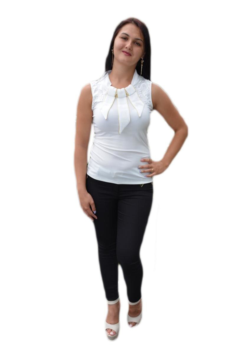 Bluza casual, insertii de dantela, pudra, D&J Exclusive, Alb