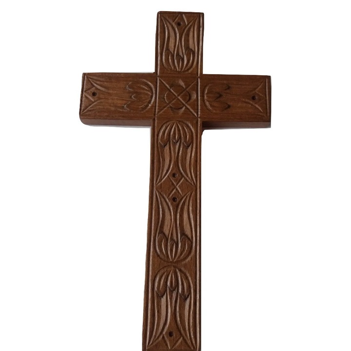 Kézzel faragott fa kereszt vallásos katolikus keresztény szimbólum fali dekoráció barna