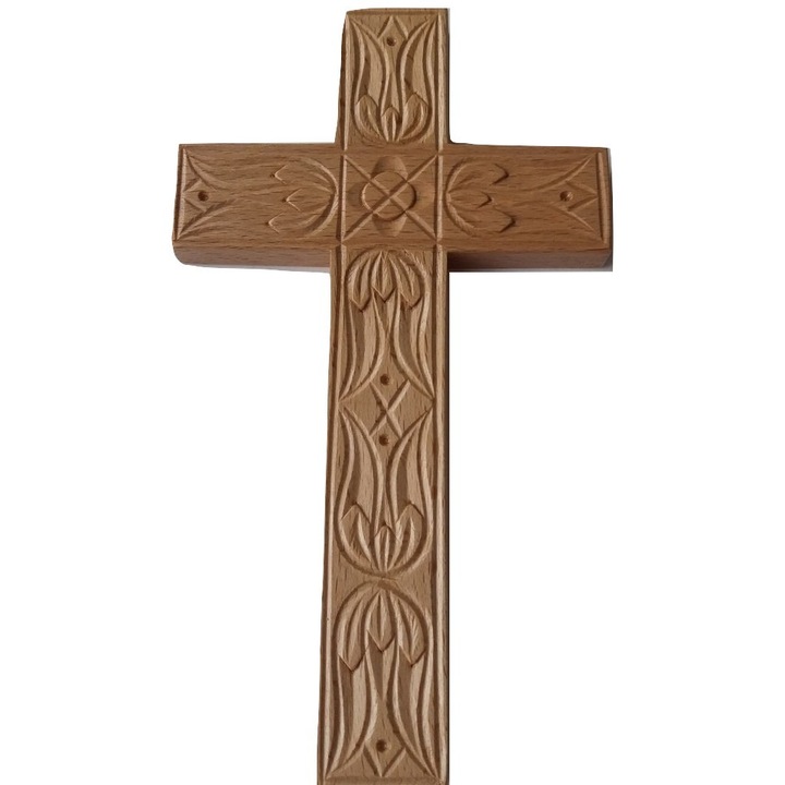 Kézzel faragott fa kereszt vallásos katolikus keresztény szimbólum fali dekoráció natúr