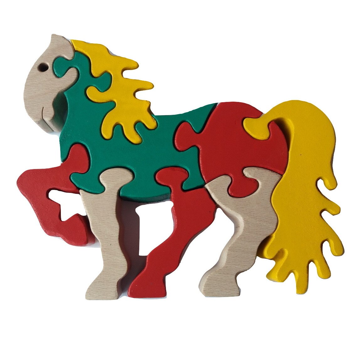 Puzzle cal din lemn masiv verde rosu
