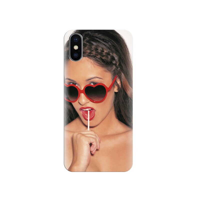 Husa silicon IPHONE X Brunette Model Wearing Funky Red Heart Glasses