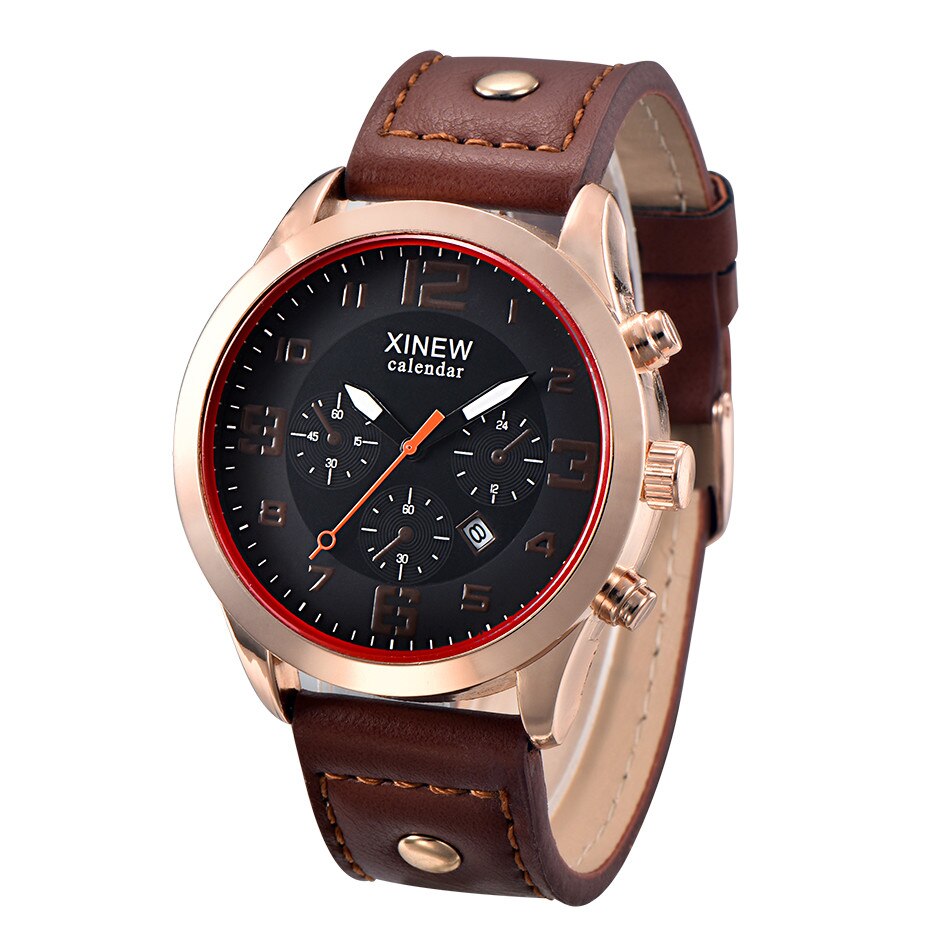 Ceas barbatesc Xinew Calendar, stil casual, curea piele maro