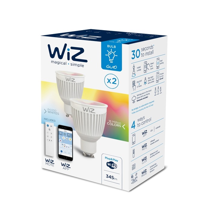 Комплект LED крушки WiZ, 6.5W еквивалент 345lm GU10 WiFi, iOS и Android, дистанционно управление, 2 бр