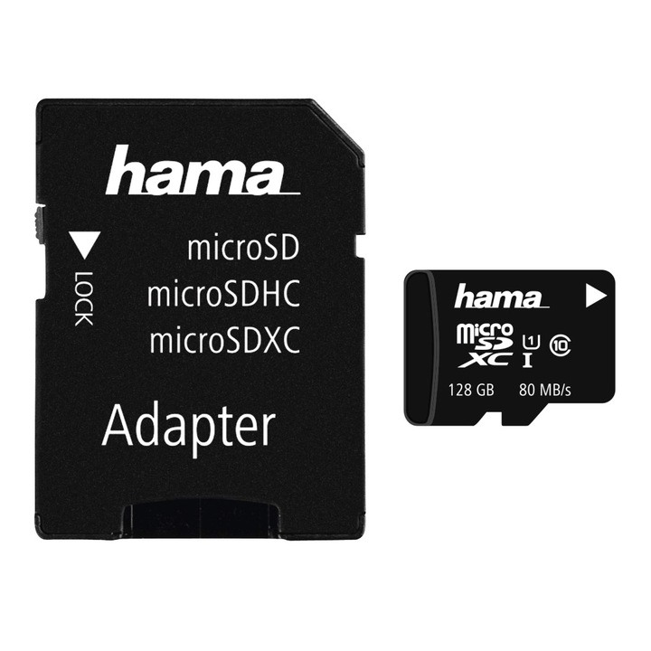 Card de memorie microSDXC Hama 128GB, Clasa 10, UHS-I, 80MB/s, adaptor
