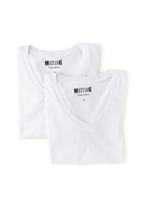Mustang, Set de tricouri cu decolteu in V - 2 piese, Alb