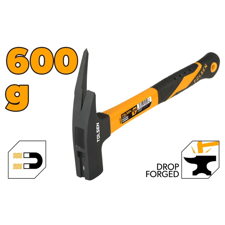 Ciocan forjat in matrita pentru dulgher 600 g, material maner fibra de sticla, otel, tratament termic Tolsen